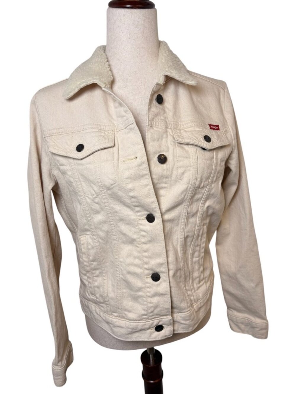 Wrangler White Sherpa Collar Denim Trucker Jacket Size Small